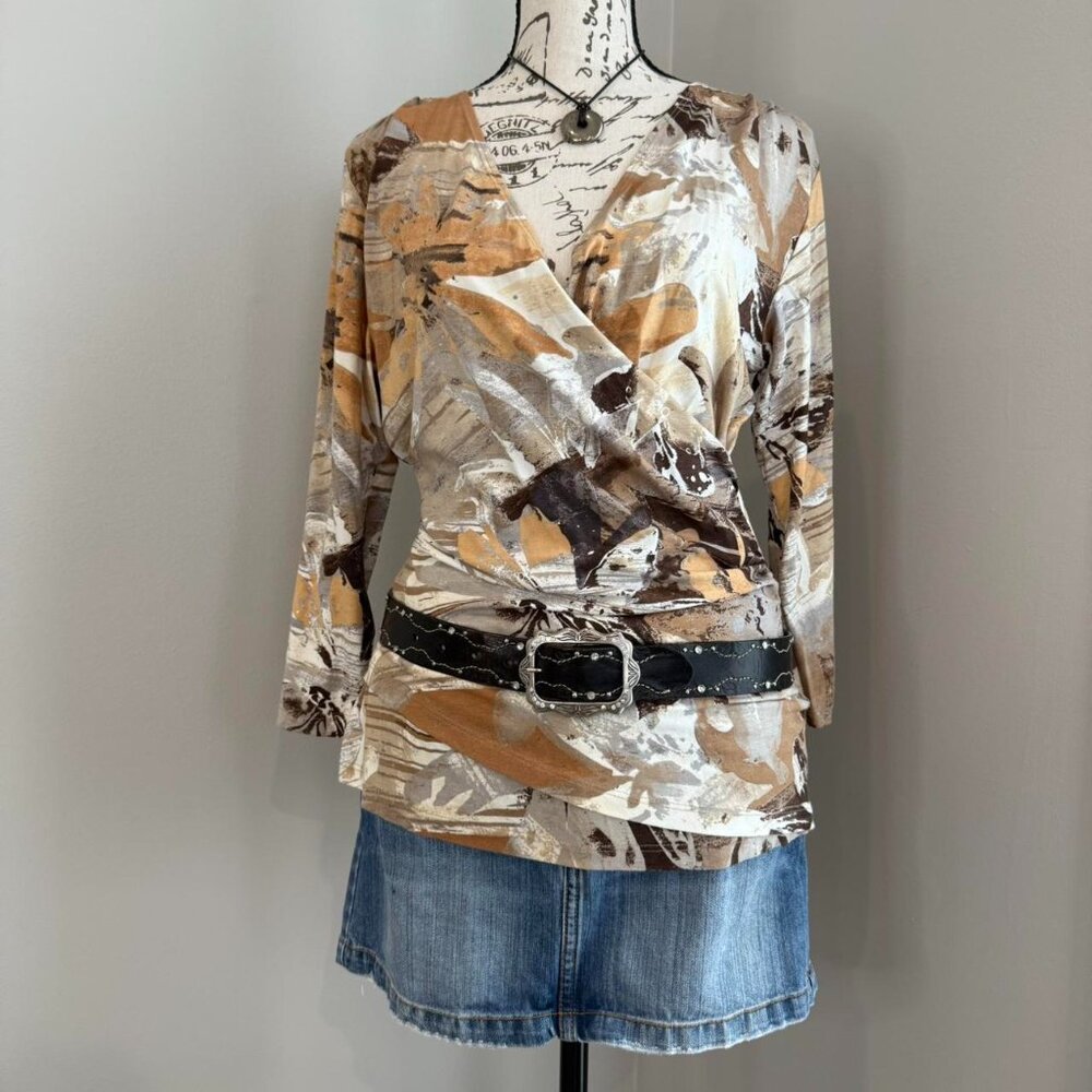 y2k waterpaint camo crossfront angelwing 3/4 sleeve tunic top